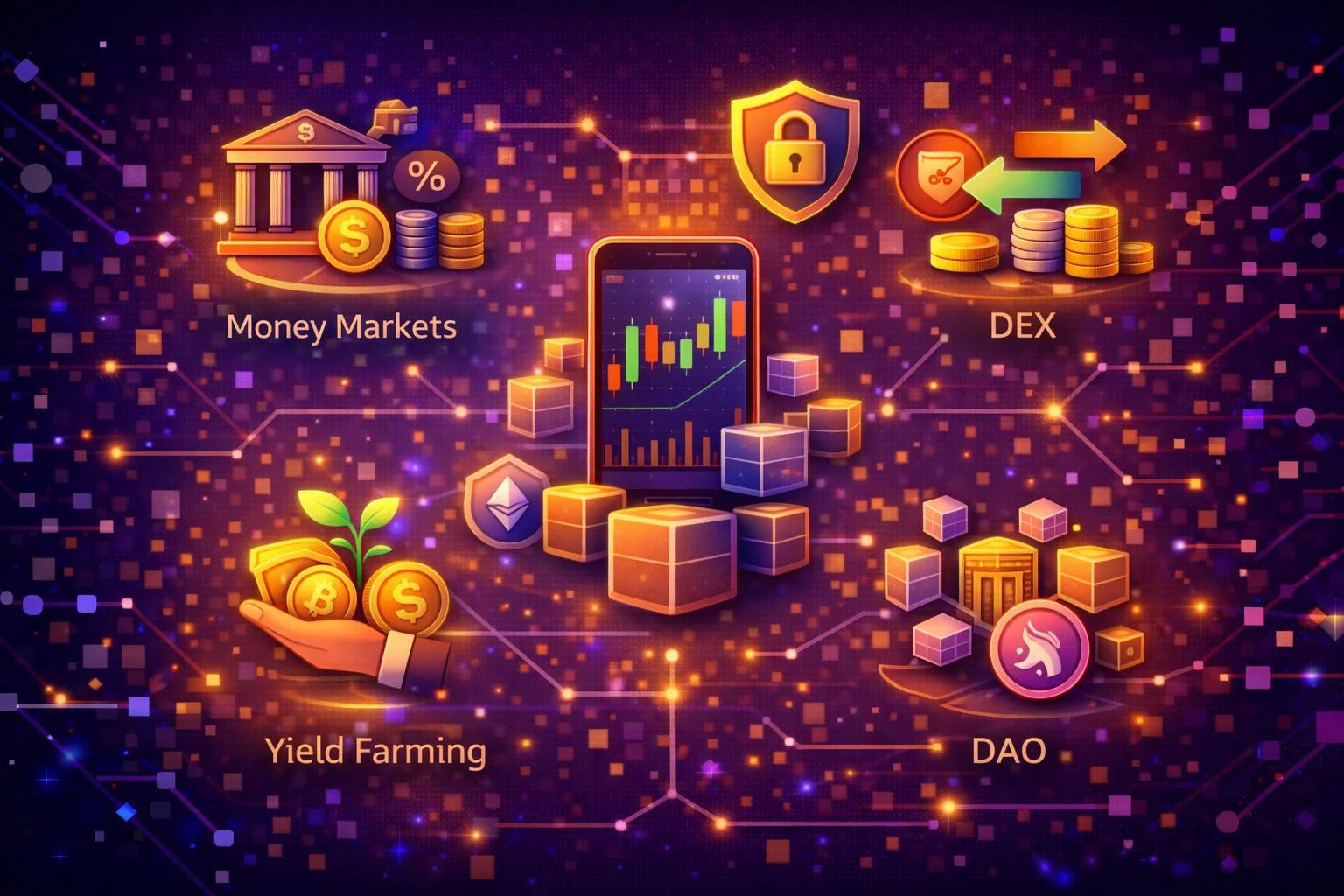 Complete DeFi tools ecosystem showing wallets, DEXs, lending platforms, and portfolio trackers for beginners