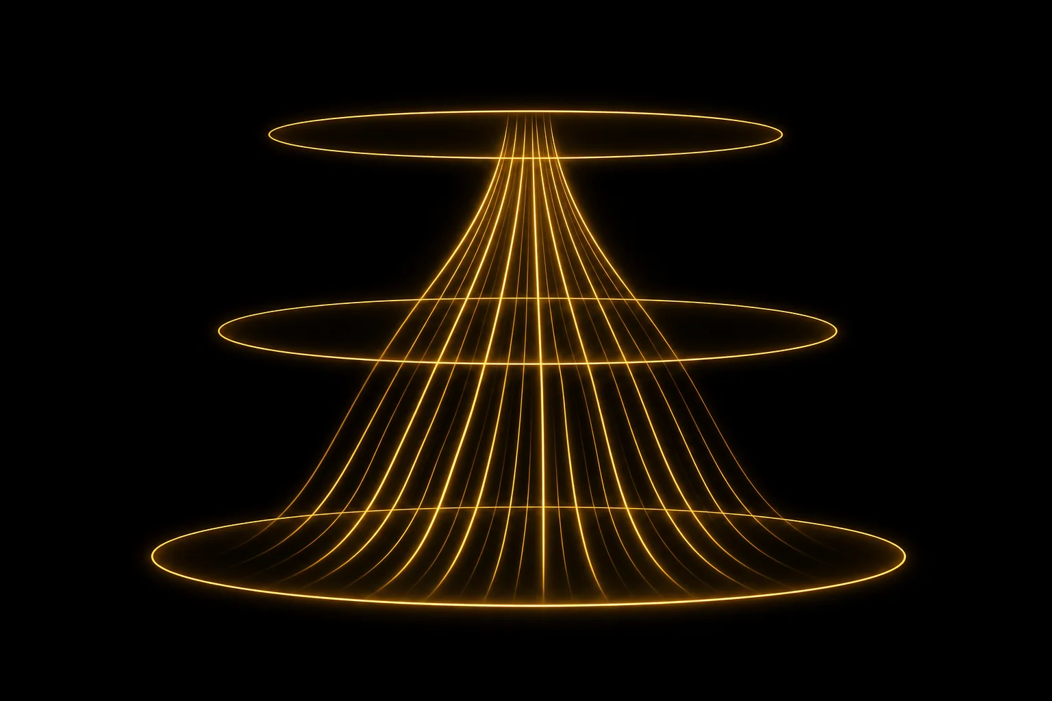 Three stacked glowing gold ellipses joined by fine threads that fan out from a narrow top to a wide base