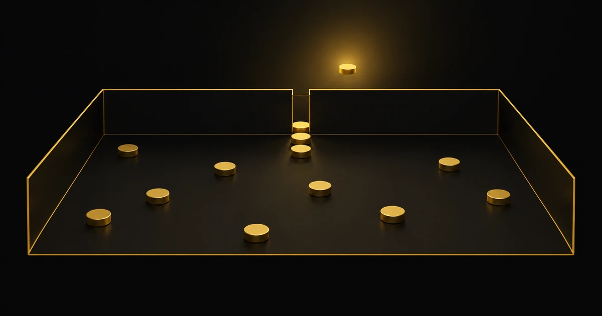 Gold discs drift freely into a dark outlined chamber and queue at one narrow slot, one already through