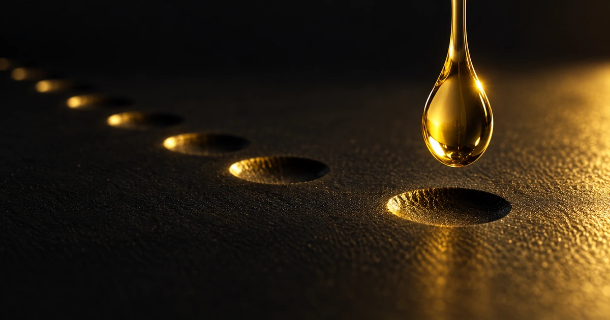 A gold droplet above a dark plate, behind it a receding line of evenly spaced circular imprints