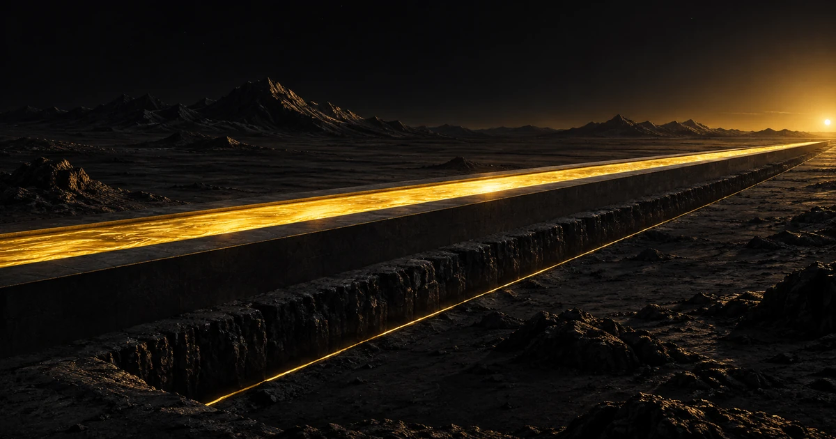 A bright gold stream crosses a broad causeway; beside it a narrow rough trench runs dry and unlit