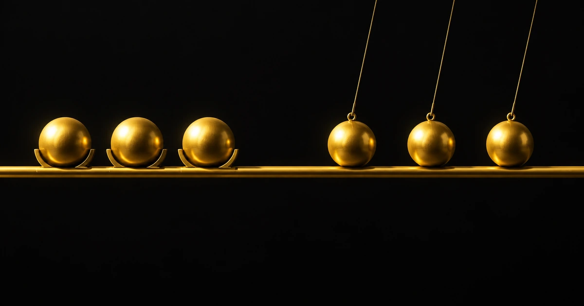 A level gold rail: three spheres settled in cradles at one end, three held by taut filaments at the other