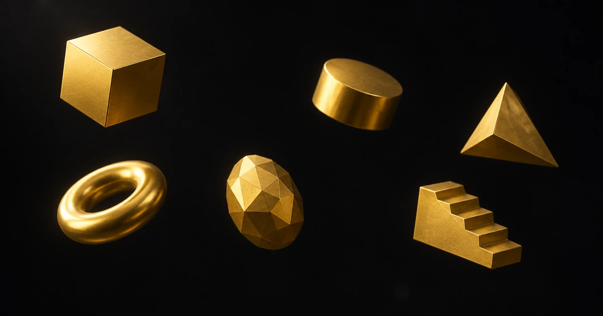 Six gold solids of equal bulk and different geometry floating at varied depths, in no order