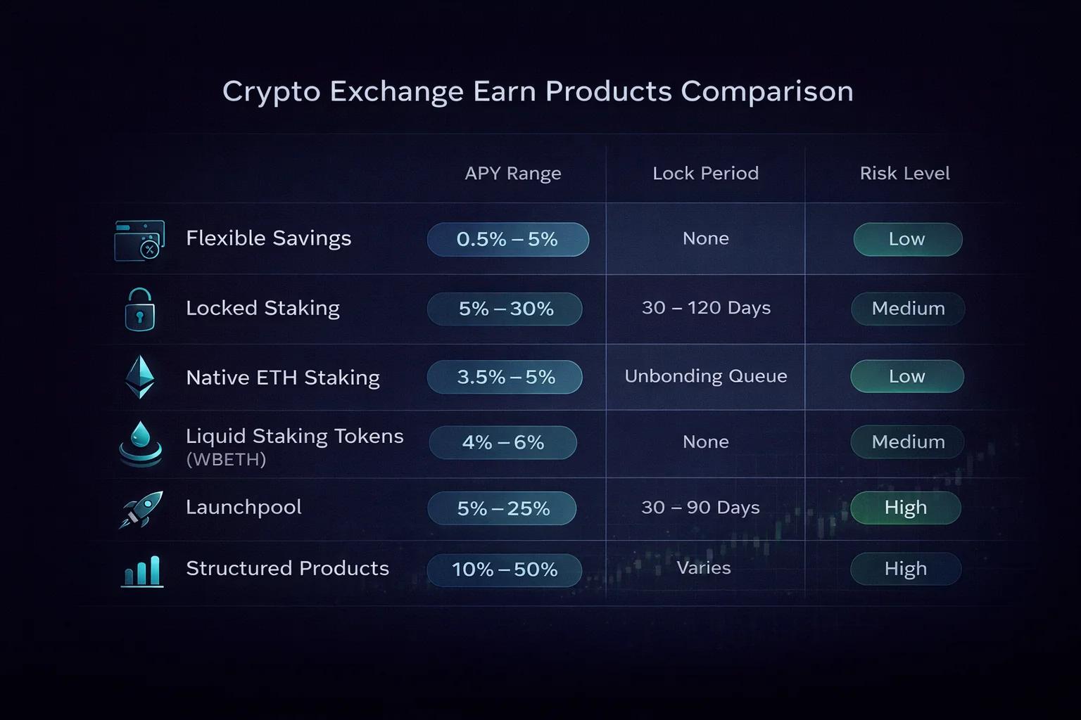Six exchange earn product types compared by APY range, lock period, and risk level — from flexible savings to structured