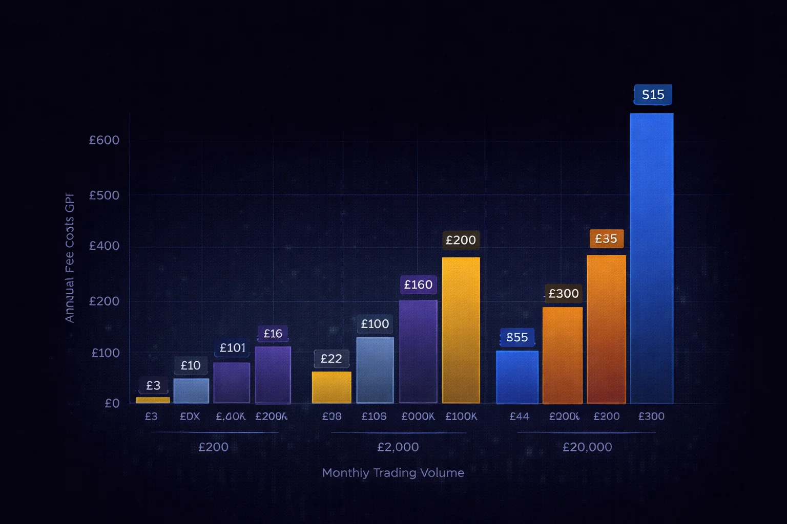 Annual trading fees compared across Binance, OKX, Kraken, Bybit, and Coinbase at £200, £2k, and £20k monthly volume tiers