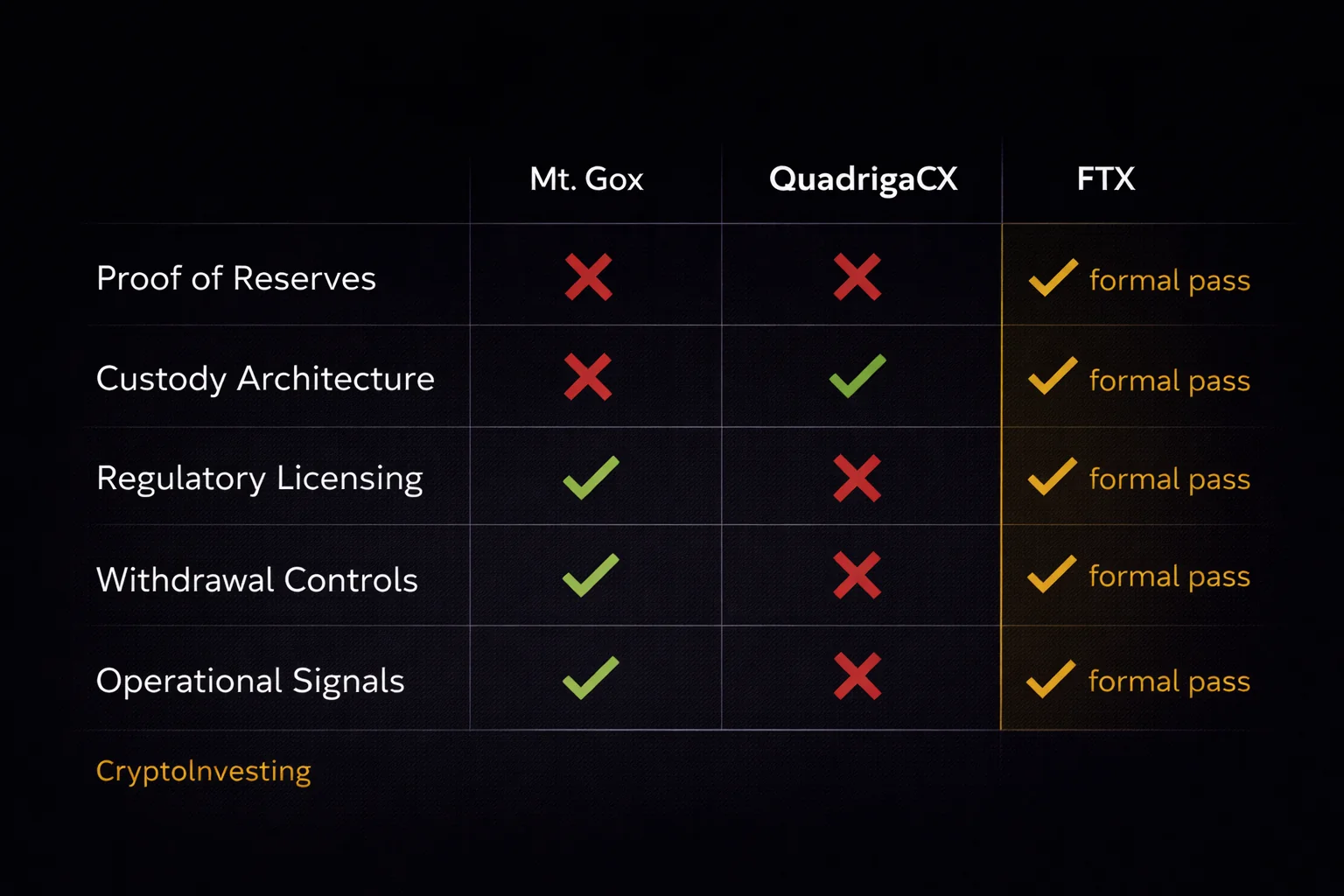 Five-check exchange security framework — PoR, custody, licensing, withdrawals, operations