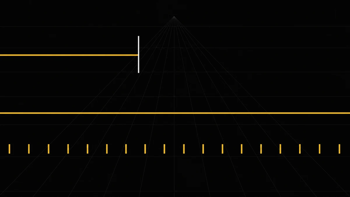Two gold lines start at the left edge; the upper stops at a white bar while the lower continues above gold ticks