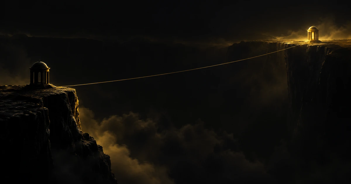 A lit gold form on the far rim of a dark gulf; an identical one waits on the near rim, a thin thread between