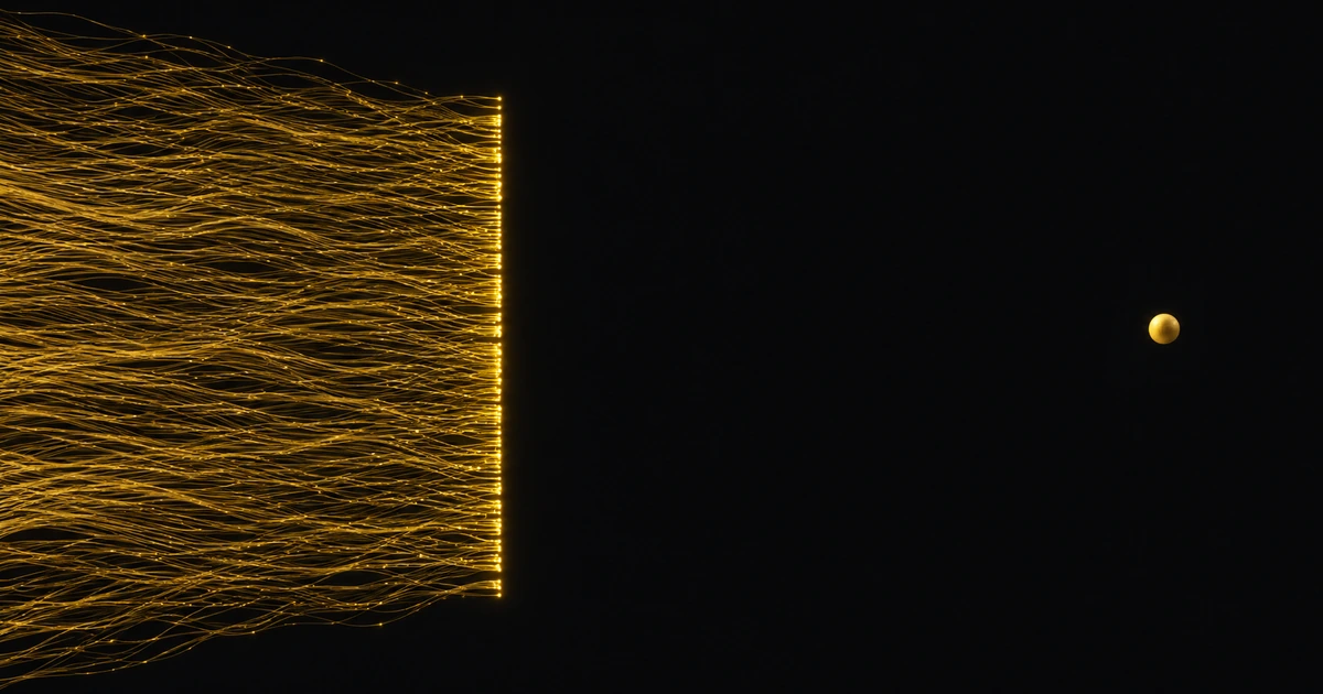 Hundreds of fine gold filaments stop along one straight edge; a small solid form sits alone beyond the gap