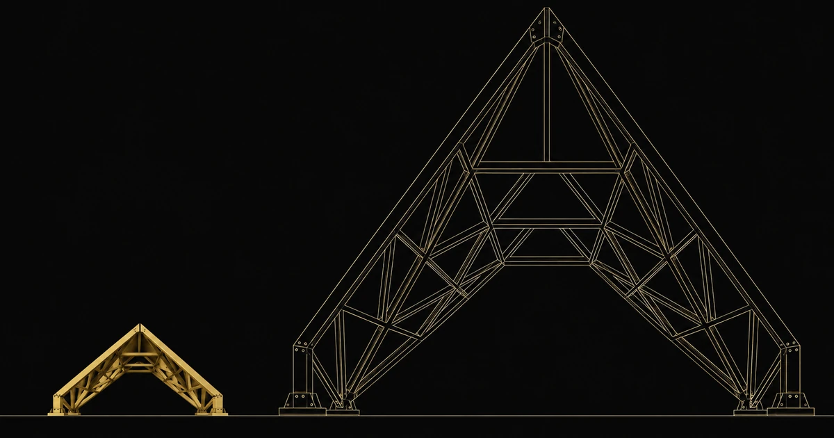 A small completed gold armature beside a faint outline of the same structure at ten times the height
