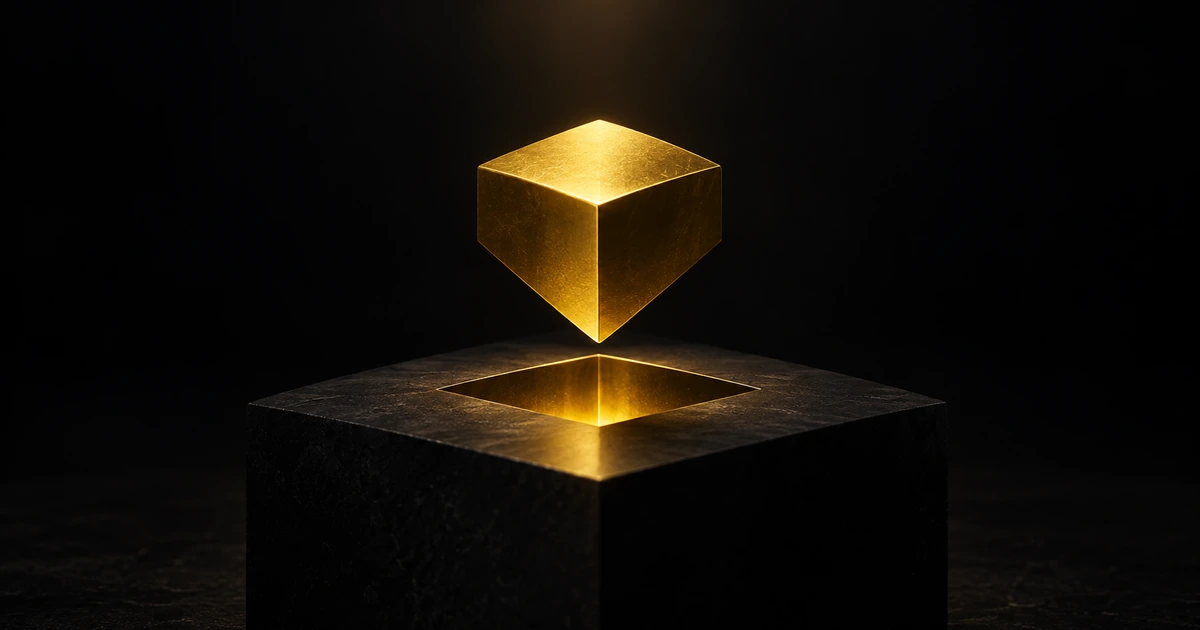 A faceted gold form hanging just above a matching recess in a dark plinth, lit from high above
