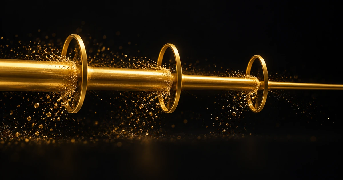A gold rod passes through three tightening rings, shedding fine particles and emerging slimmer