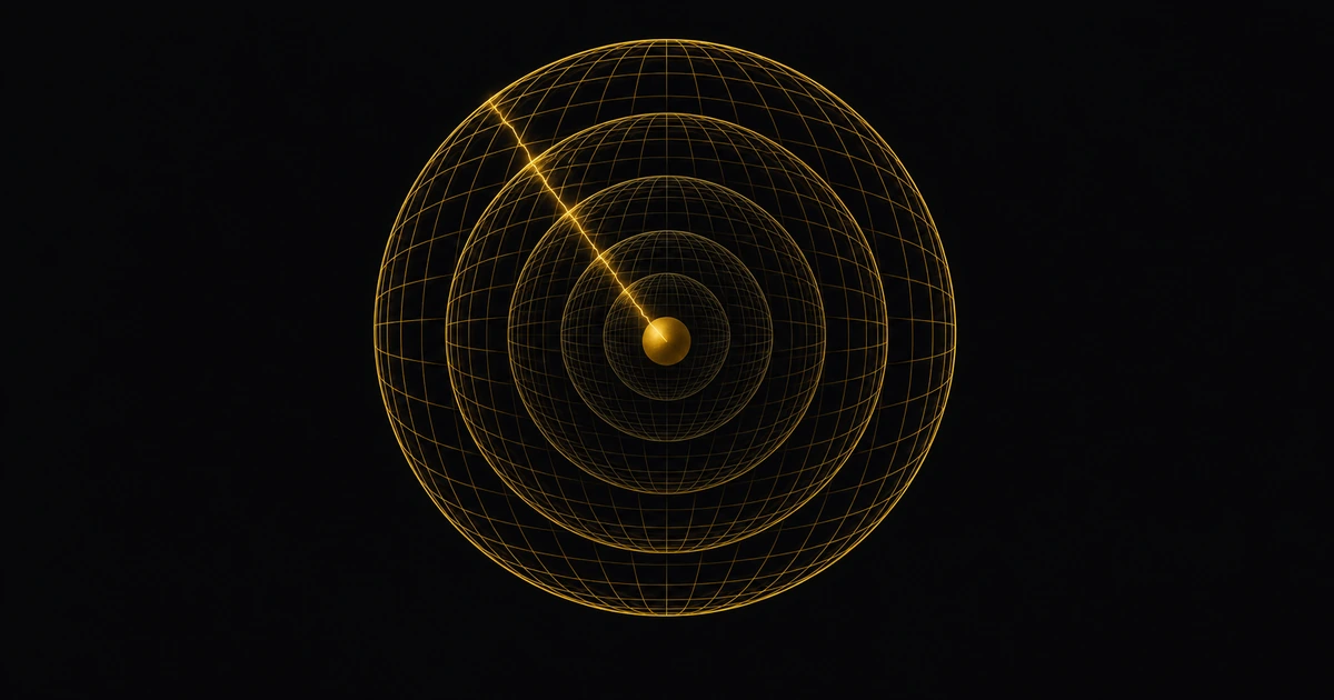 Five nested gold wireframe spheres with one thin fracture running through every shell to the core