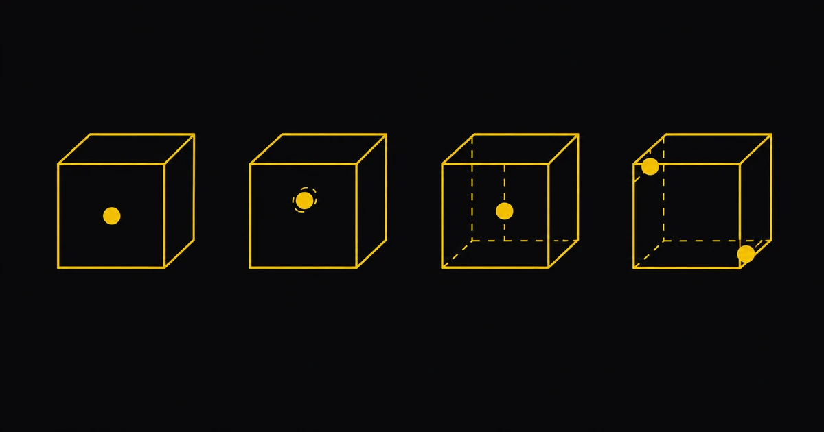 Four identical outlined blocks, each holding a small gold inclusion at a different depth inside