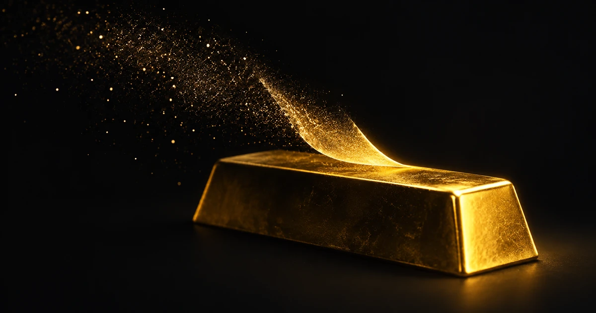 A solid gold ingot in darkness with a thin bright skin lifting off it and drifting into haze
