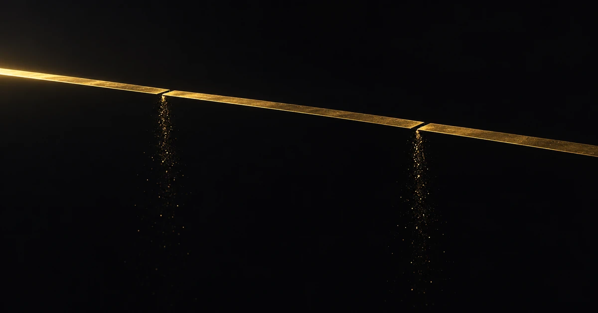 A thin gold walkway in three segments crosses a dark void; fine particles fall from each joint