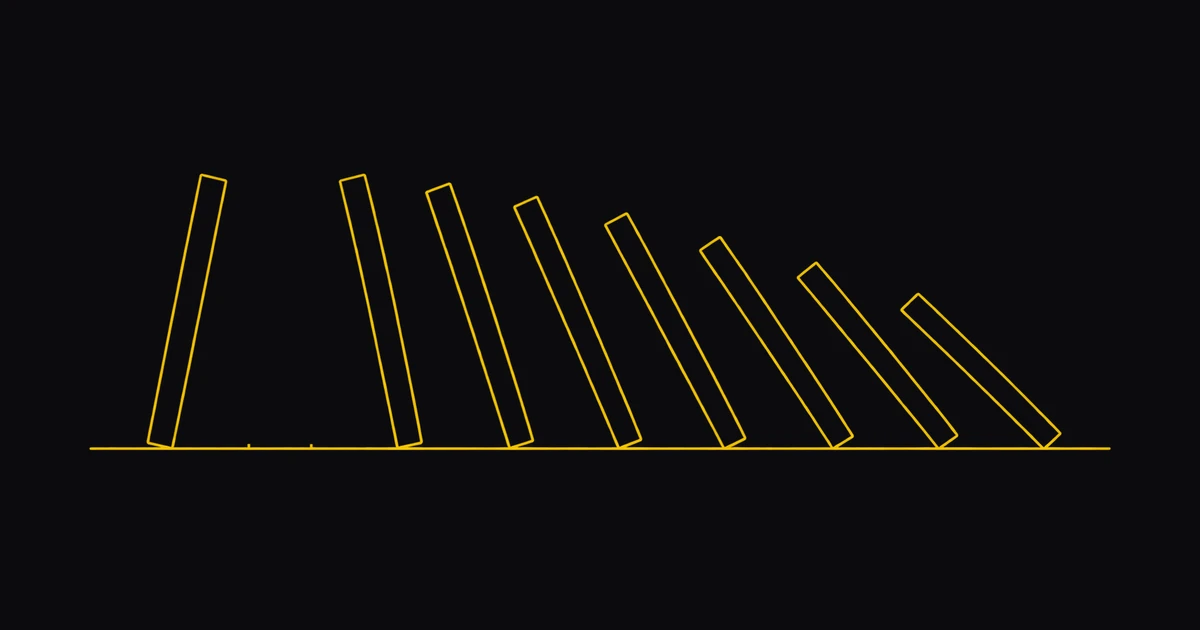 Nine thin gold props on a baseline, one missing, each prop after it leaning further over