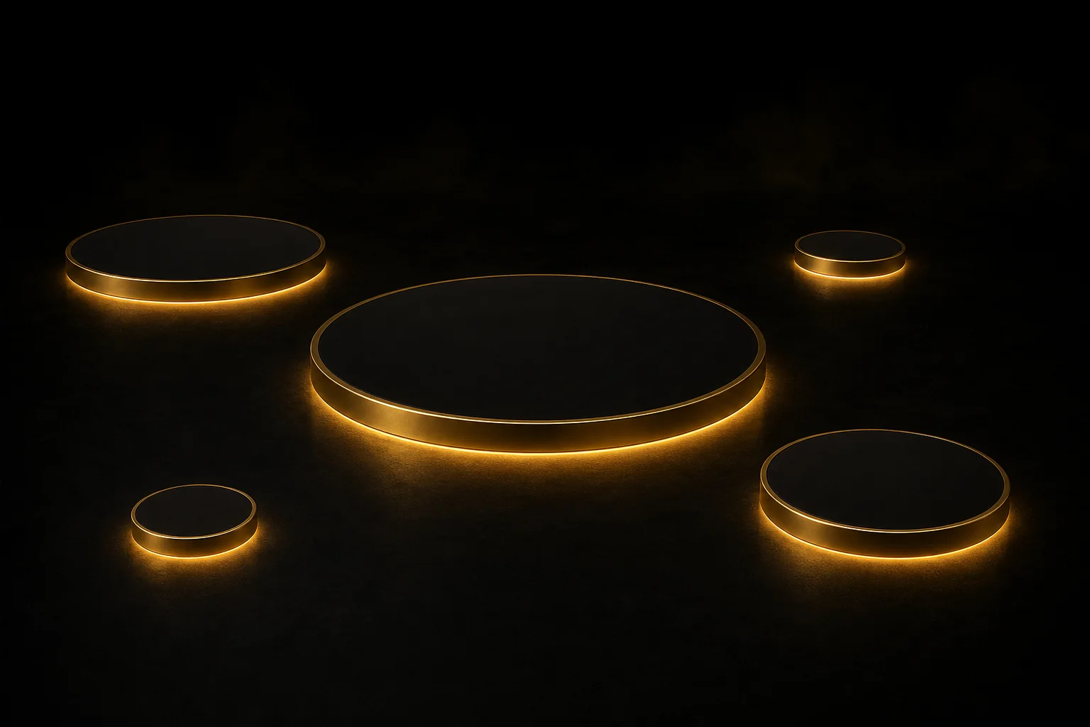 Five dark discs with glowing gold edges, of very different diameters, scattered across a dark plane