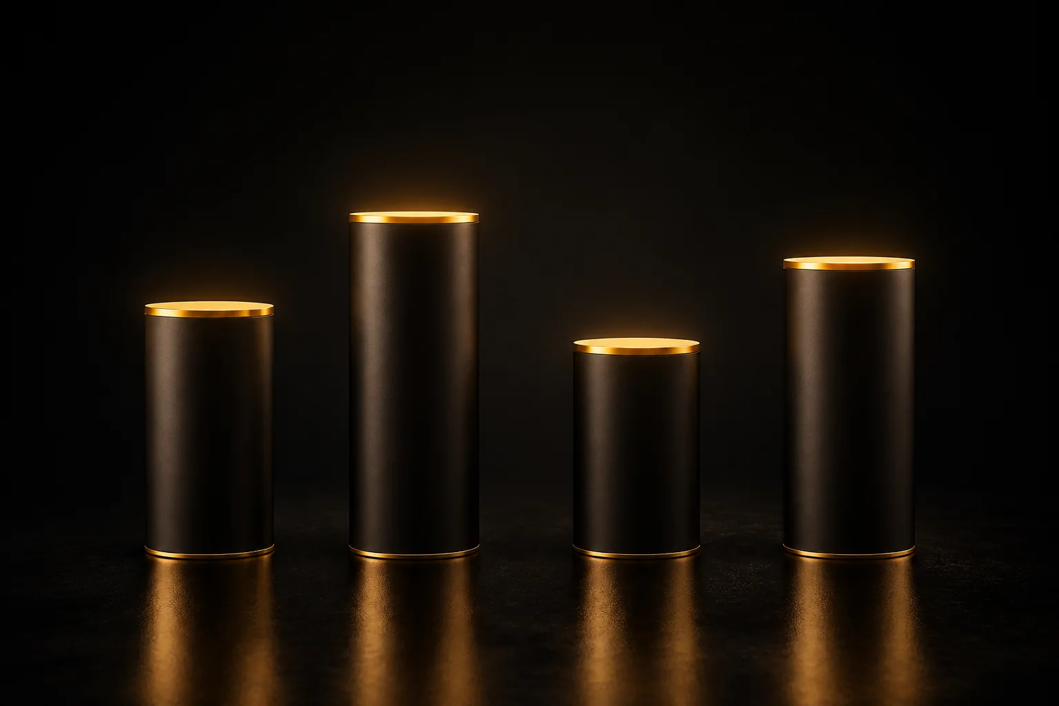 Four dark cylinders with glowing gold rims stand at different heights on a reflective floor