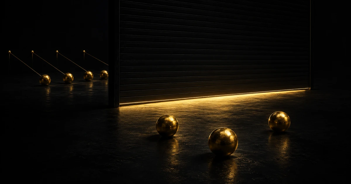A dark shutter nearly closed; loose gold forms lie past it while others are held short by taut lines