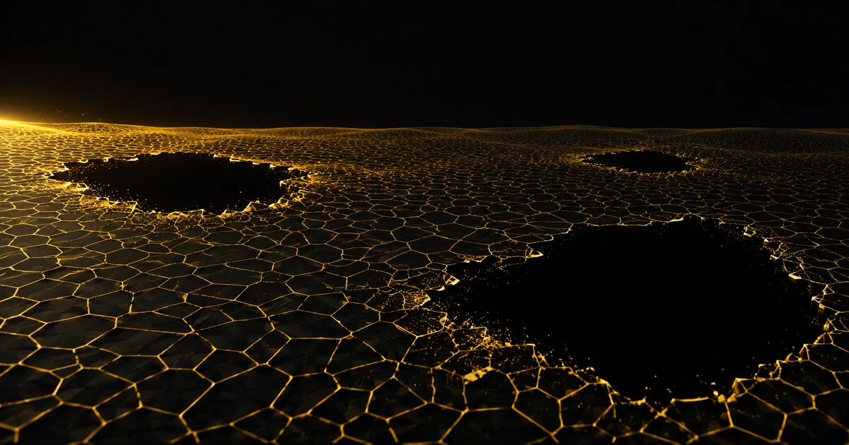 A dark plane tiled with irregular gold-outlined cells, with three regions where the cells are missing