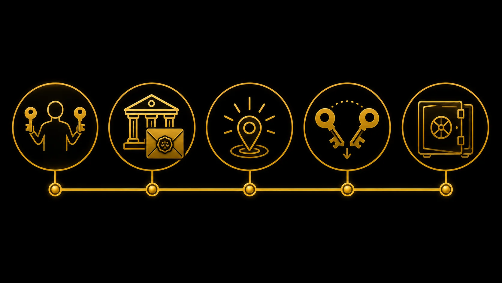 Multisig inheritance timeline: holder operates during life; custodial event triggers release; heir combines key.