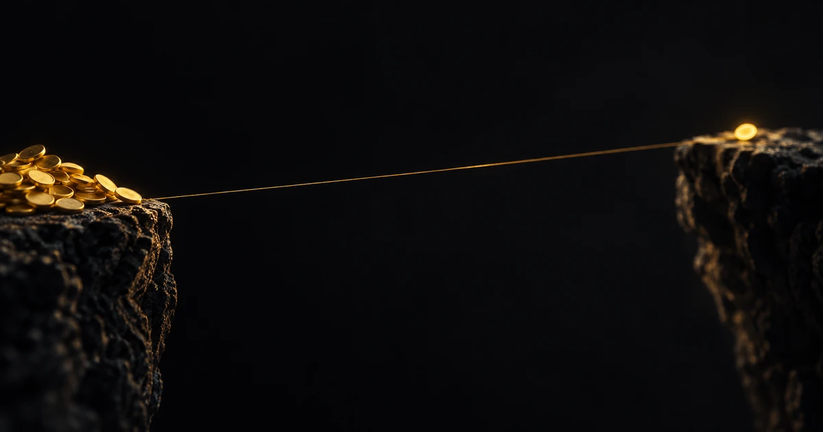 One gold disc rests on the far anchor of a thin filament; a heap of discs waits still at the near end