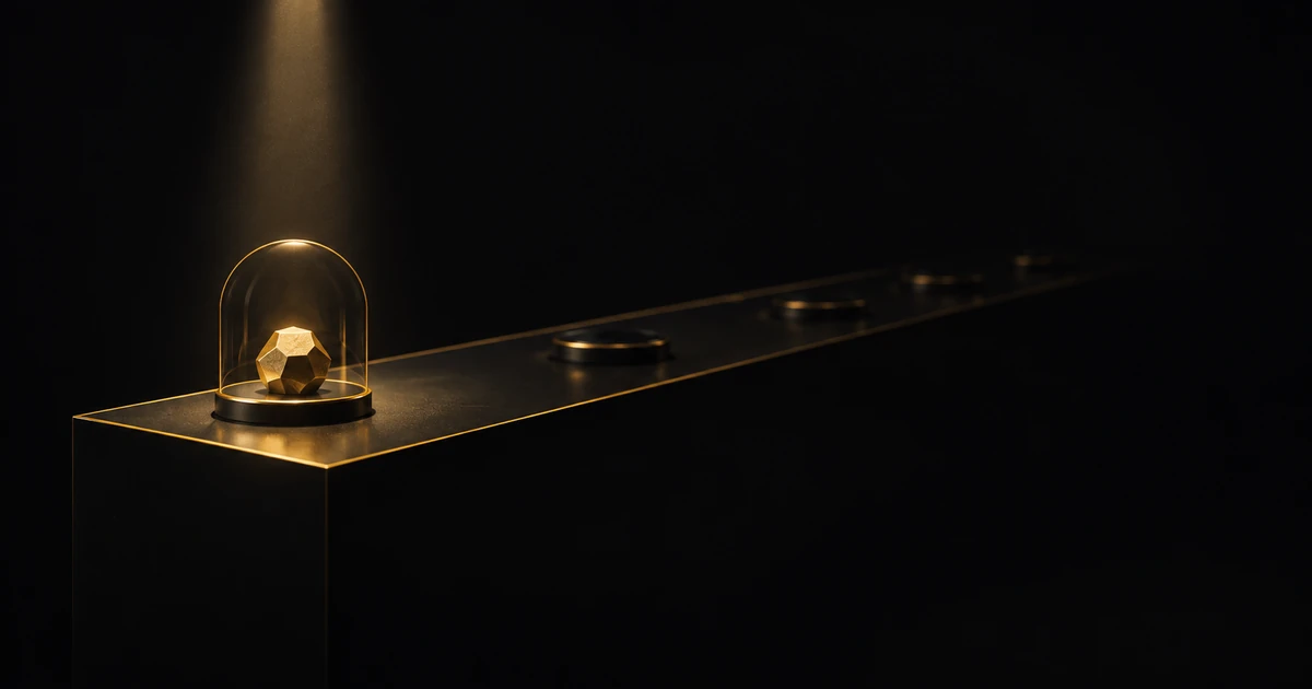 A small gold form under a thin dome at the near end of a long dark plinth, its remaining sockets empty
