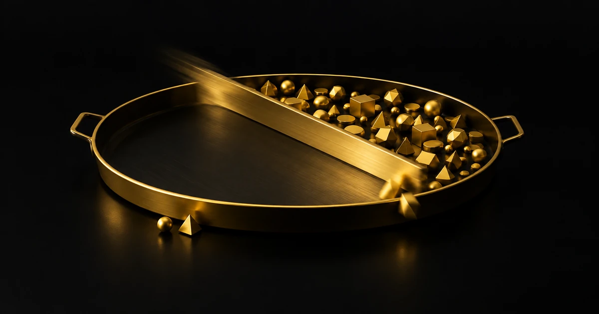 A shallow gold pan swept bare by one straight edge, two small pieces resting outside its near rim