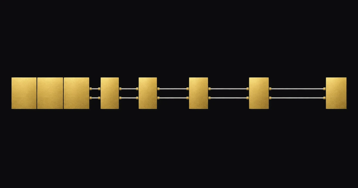 A row of interlocking gold forms; one sits out of line and every joint after it opens wider