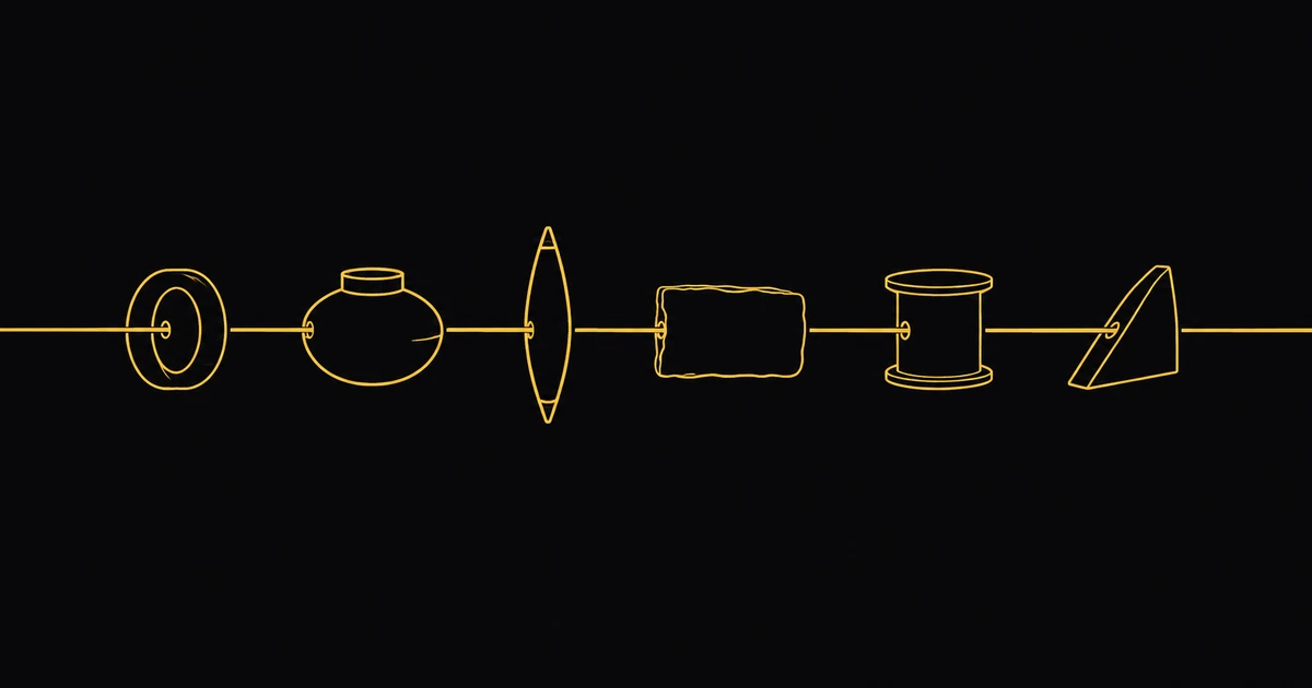 Six dissimilar gold outlined shapes strung along one continuous horizontal thread on black