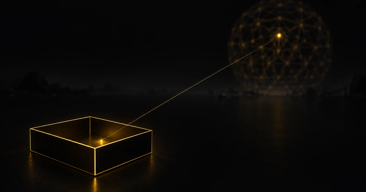 An empty thin gold outline casing holding one bright point, a fine line running to a dim distant lattice