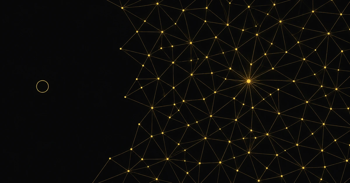 A fine gold mesh fills the right of the frame; a small closed outline sits alone at the left