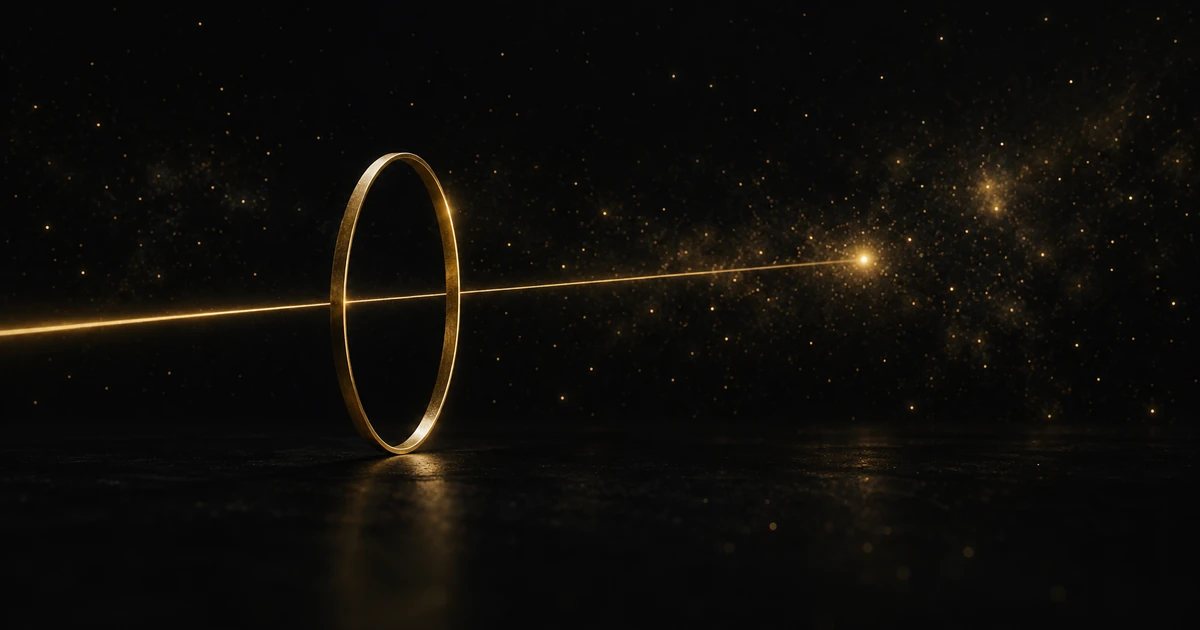 An empty gold ring edge-on, a hairline beam passing through it to one point in a far faint field