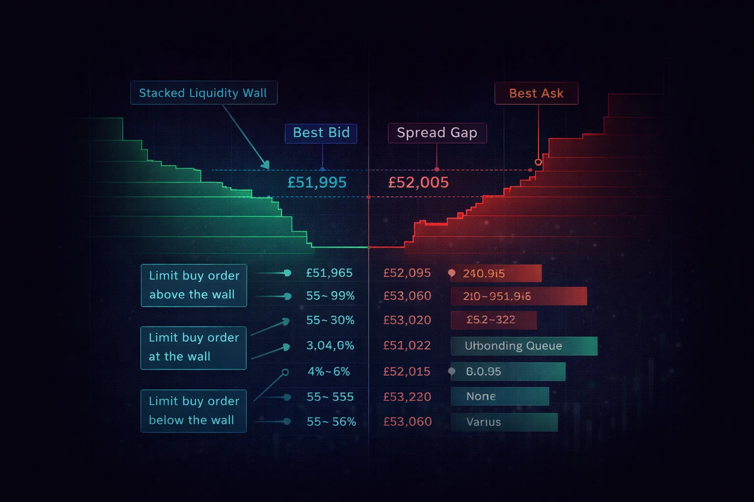 Annotated BTC/USDT order book depth chart: best bid, best ask, spread, liquidity wall, and limit order queue positions