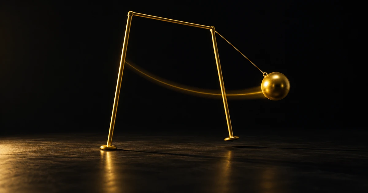 A heavy gold bob swings inside a slender gold frame, lifting one of the frame's feet off the floor