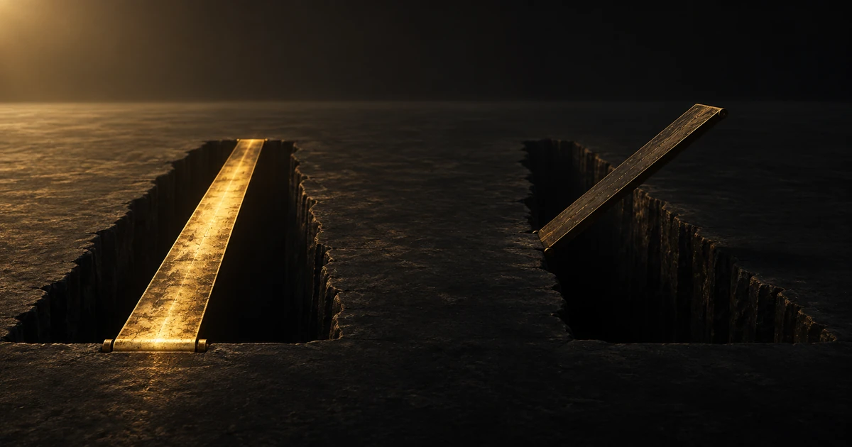 A gold walkway fixed across one dark chasm beside a matching span hinged upward and raised clear