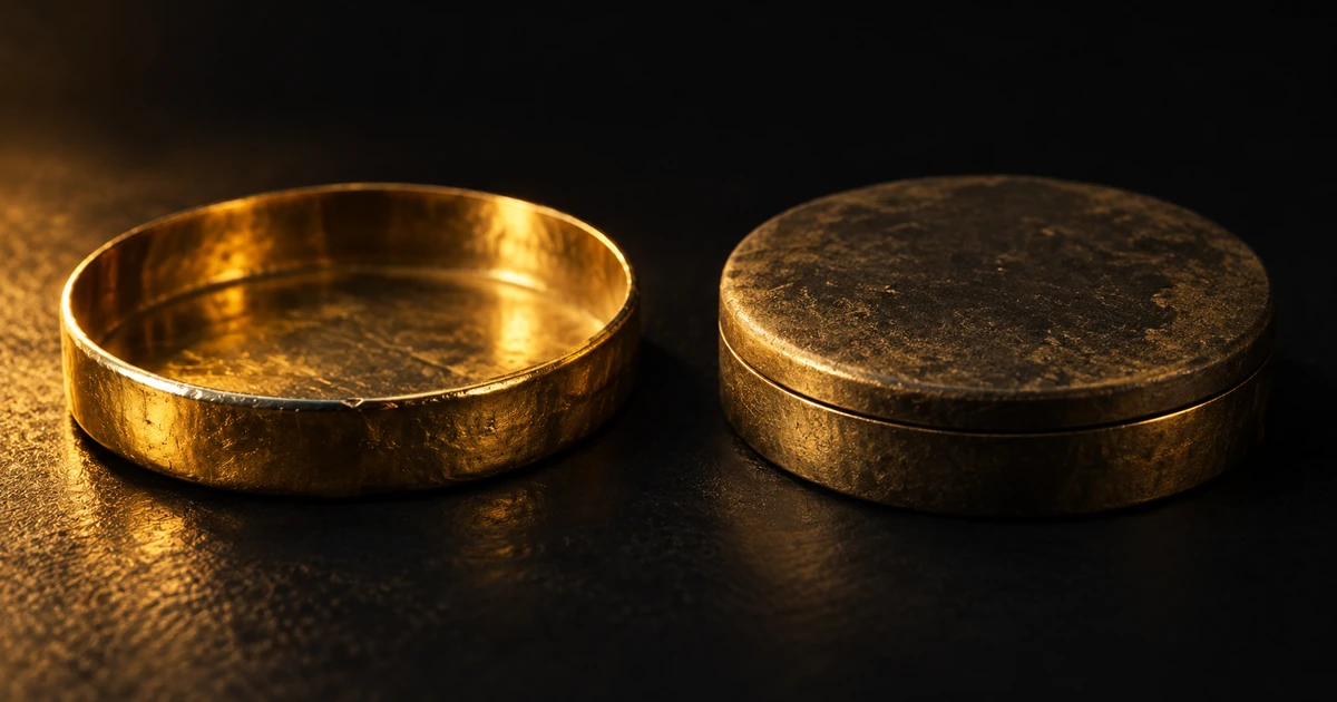 A shallow gold tray with a bright worn rim beside a heavy seated lid with an unbroken seam