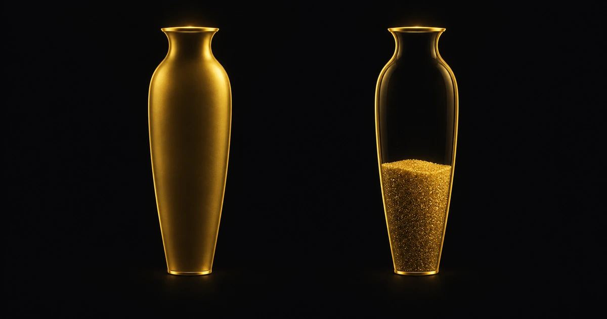 Two gold vessels of equal height: the left opaque with a glow at its rim, the right transparent with visible contents