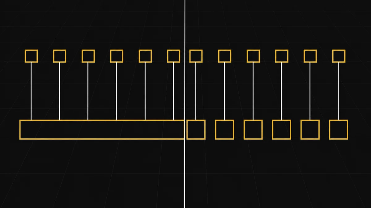 Twelve outlined squares flank a white divider: six link to one wide rectangle and six to separate rectangles