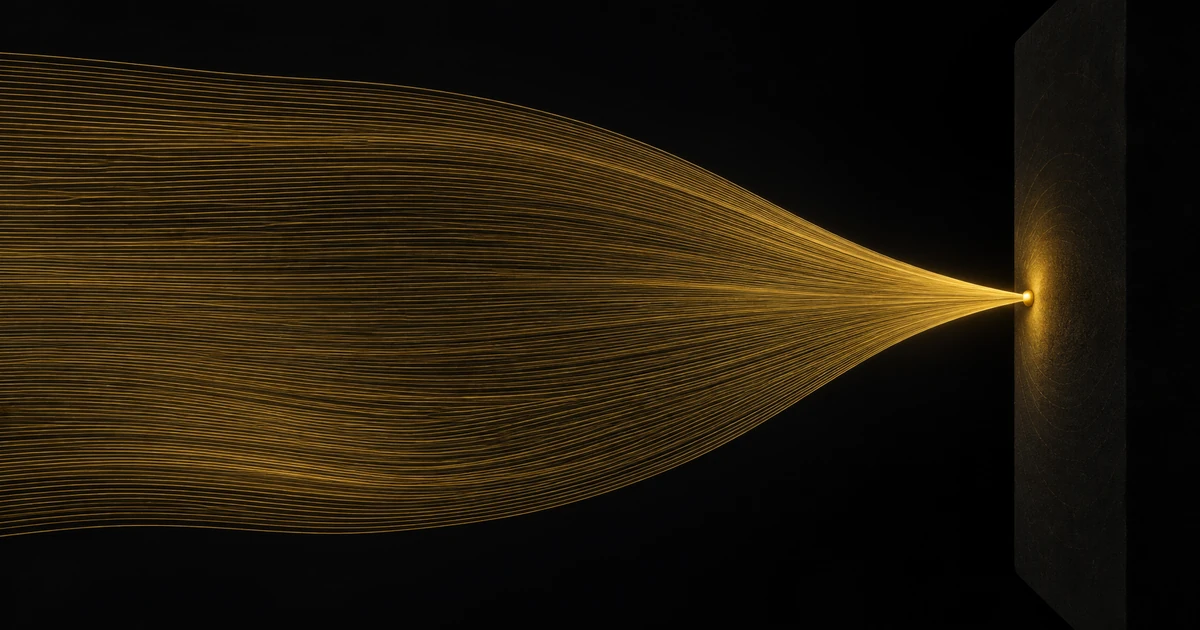 A wide field of fine gold hairlines compressing into one dense mark pressed into a dark slab