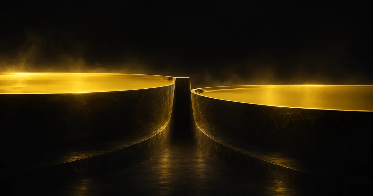 Two still gold pools at slightly different levels, divided by a raised sill with a dry channel beyond