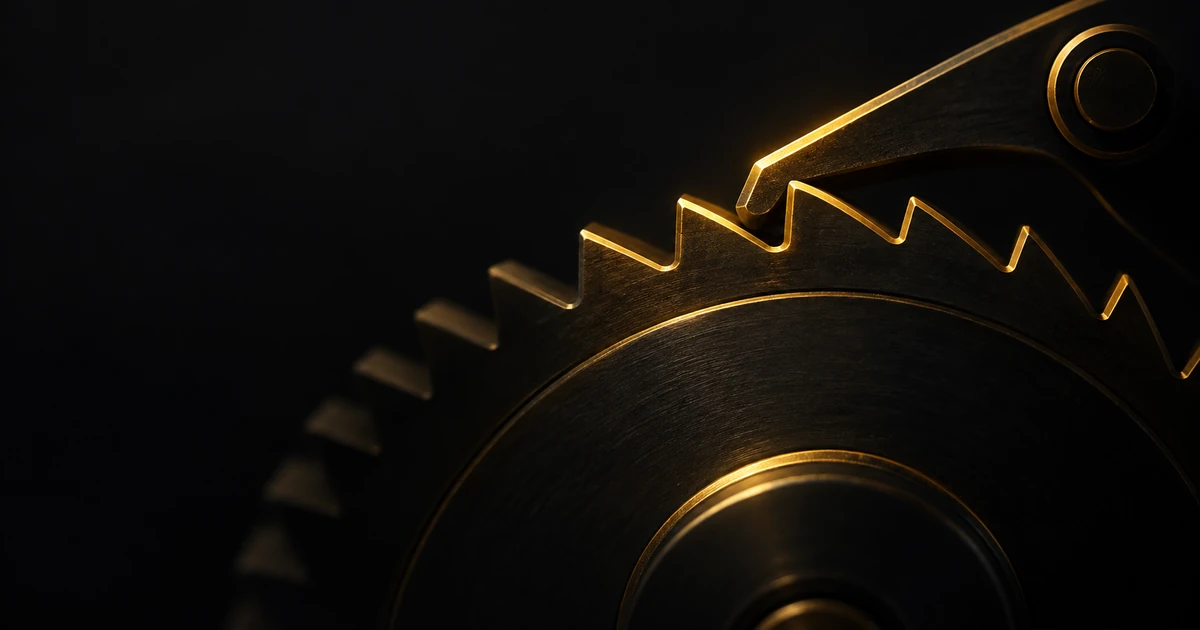 Close view of a gold ratchet wheel with a pawl seated in one tooth, the teeth behind it running into darkness