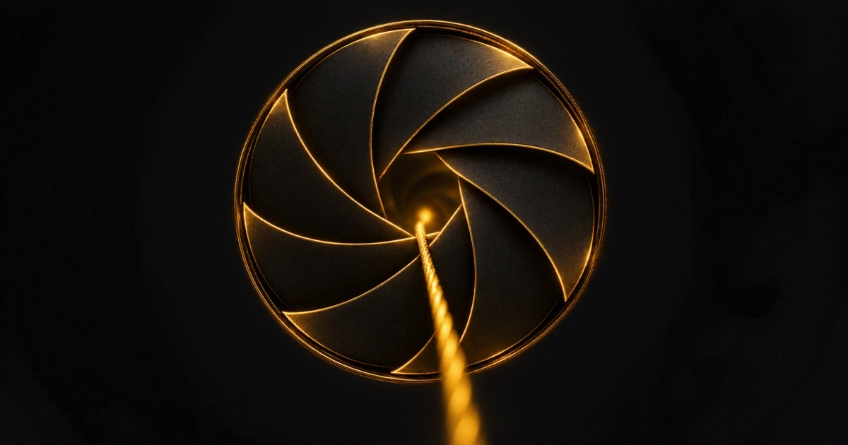A gold camera aperture nearly closed, pinching a single gold thread passing through the last of the gap
