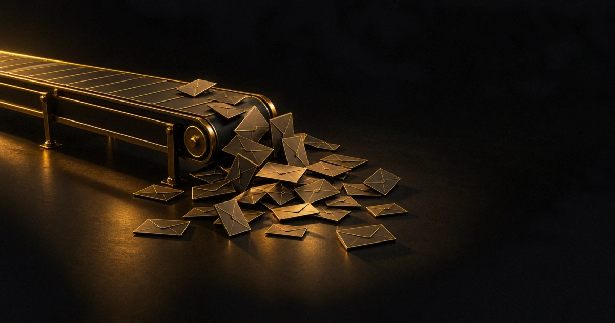 A gold conveyor ends mid-frame and dozens of identical sealed envelopes lie spilled across the floor