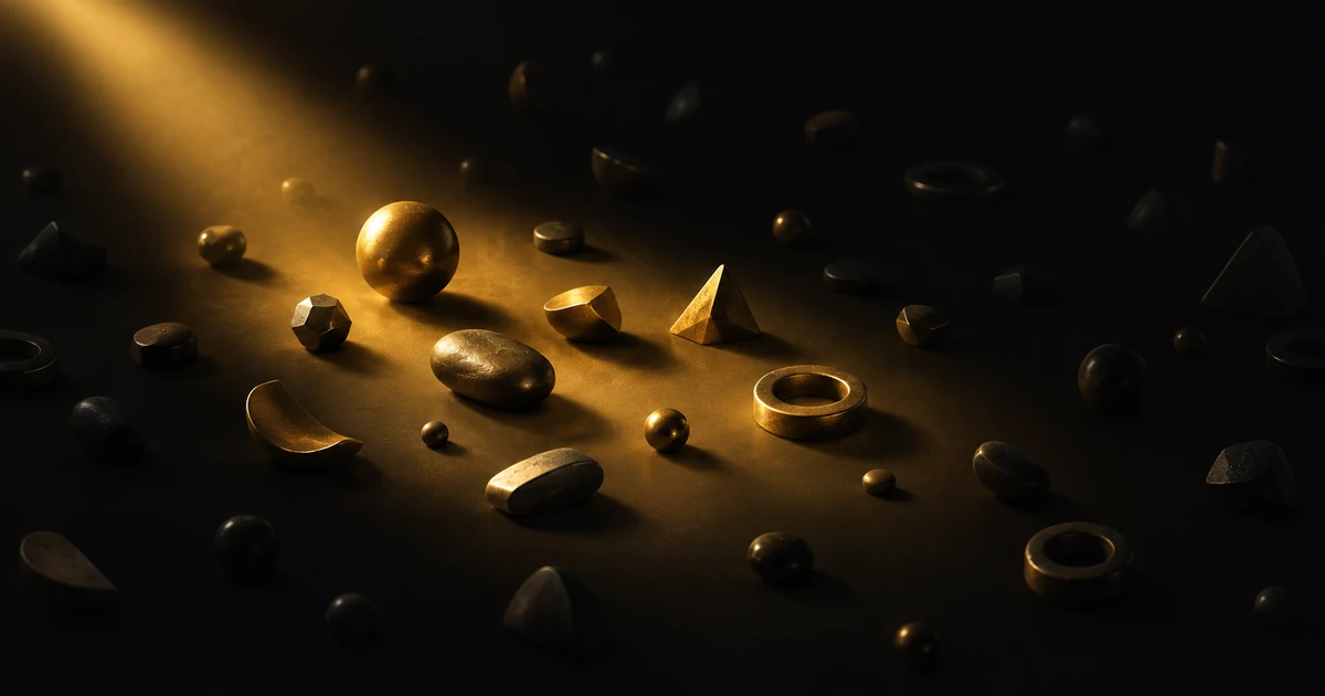 Small gold forms on a dark field, sharp inside a moving pool of warm light and dim outside it