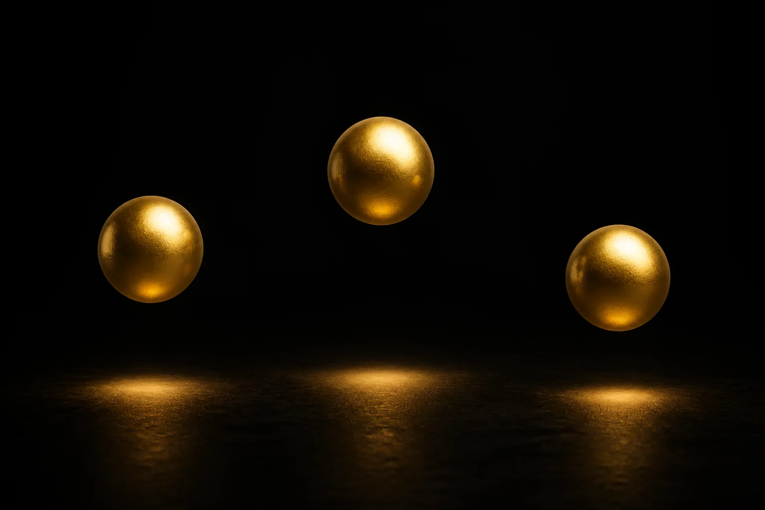 Three gold spheres float at different heights above a dark floor, each casting a small pool of light