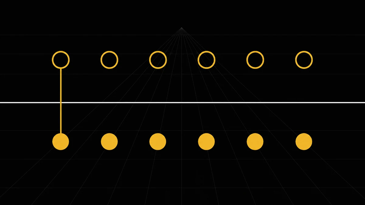 Six outlined gold circles sit above six filled circles; one gold line joins only the leftmost pair