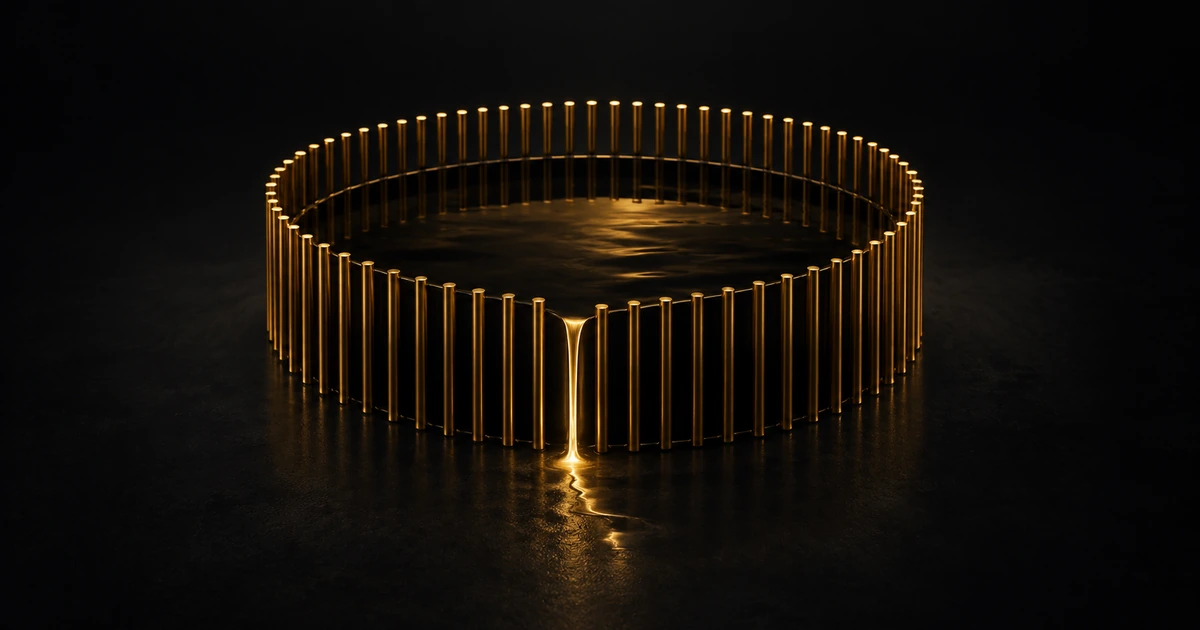 A ring of thin gold uprights seen from above, one shorter, with a dark pool level with its top