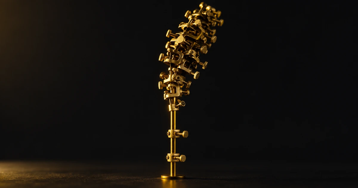 A gold rod with two neat clamps at its base, buried and leaning under a dense tangle above